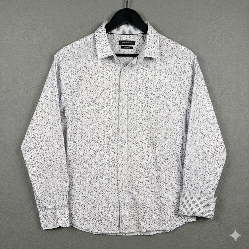 Bugatchi Shirt Mens XXL Classic Fit White Purple Floral Long Sleeve Flip Cuff